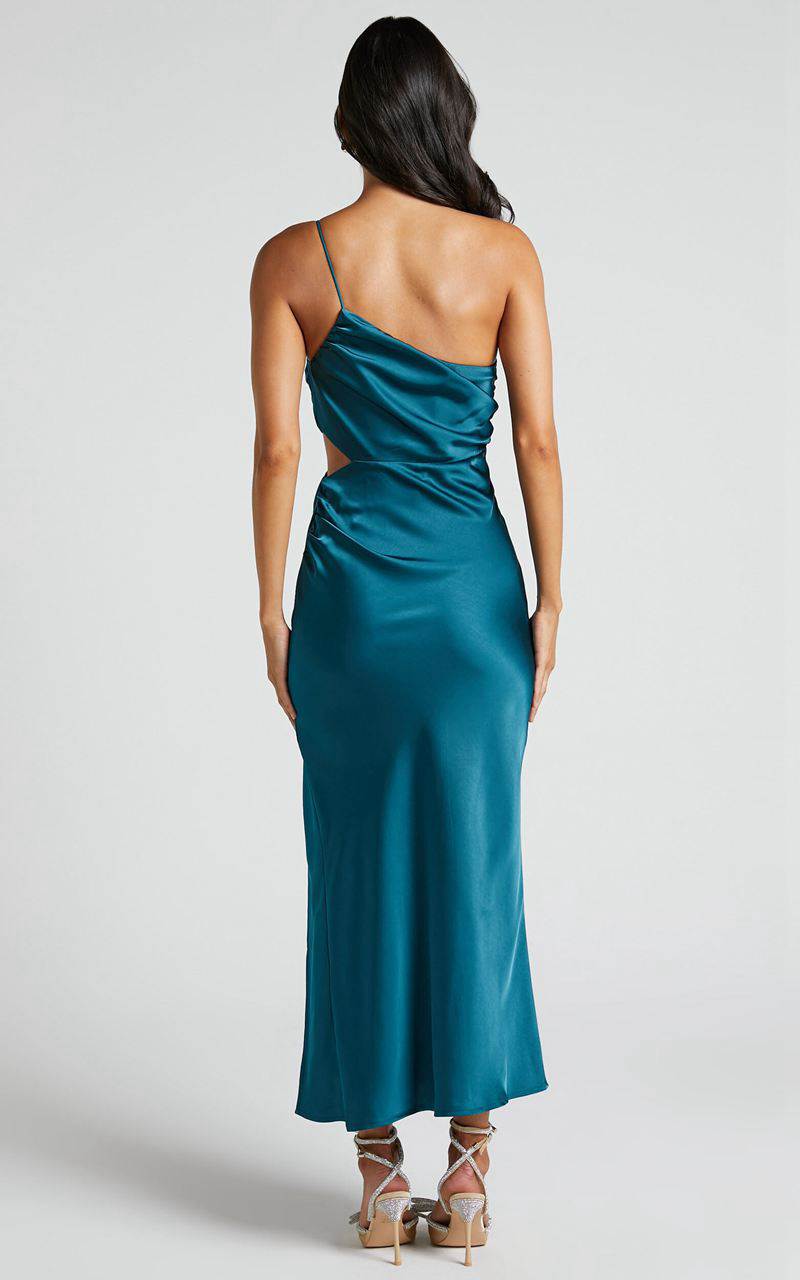 Showpo Jaylani Midi Dress - One Shoulder Thigh Split Gathered Satin Dress Teal | QGEHZJ716