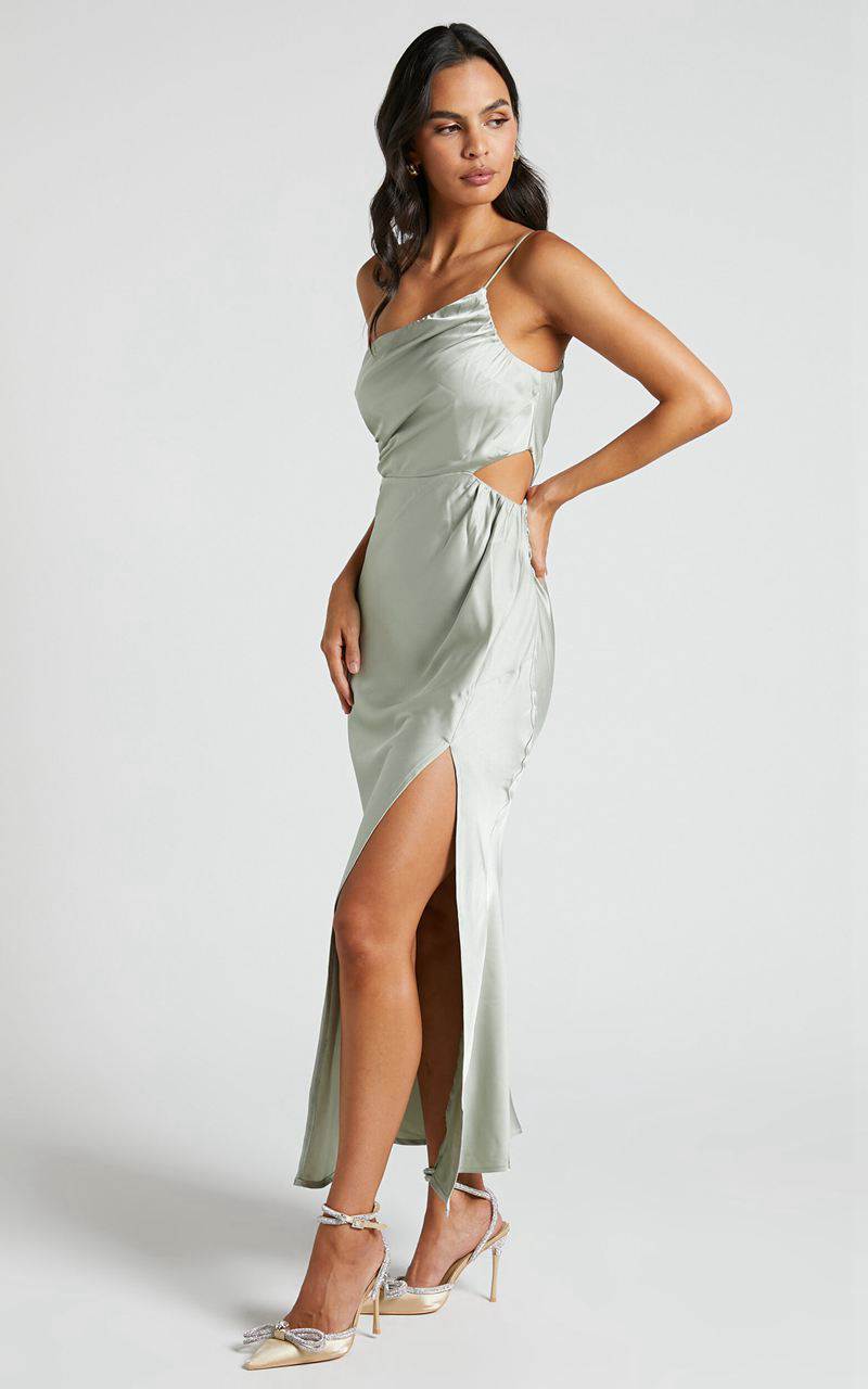 Showpo Jaylani Midi Dress - One Shoulder Thigh Split Gathered Satin Dress Sage | ARQUFC952