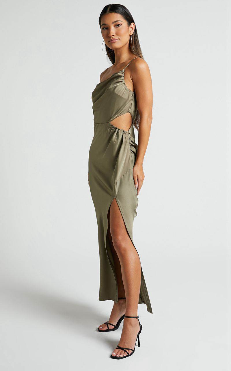 Showpo Jaylani Midi Dress - One Shoulder Thigh Split Gathered Satin Dress Dark Olive | LMGWAN903