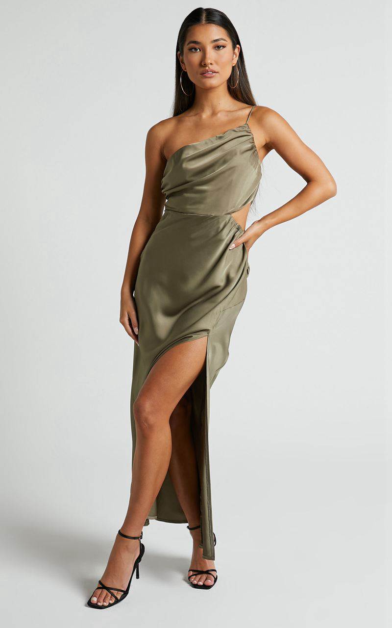 Showpo Jaylani Midi Dress - One Shoulder Thigh Split Gathered Satin Dress Dark Olive | LMGWAN903