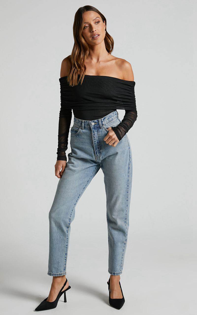 Showpo Jaythen Bodysuit - Long Sleeve Off Shoulder Ruched Mesh Bodysuit Black | LXYQFD207