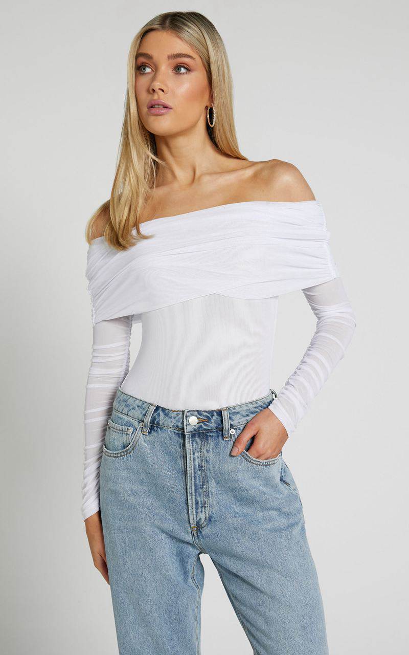 Showpo Jaythen Bodysuit - Long Sleeve Off Shoulder Ruched Mesh Bodysuit White | EJTKZX723