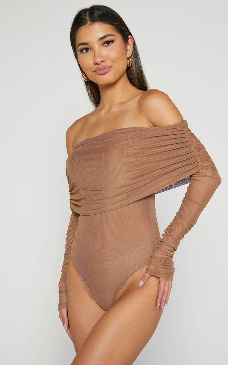 Showpo Jaythen Bodysuit - Long Sleeve Off Shoulder Ruched Mesh Bodysuit Mocha | VZYIOG057