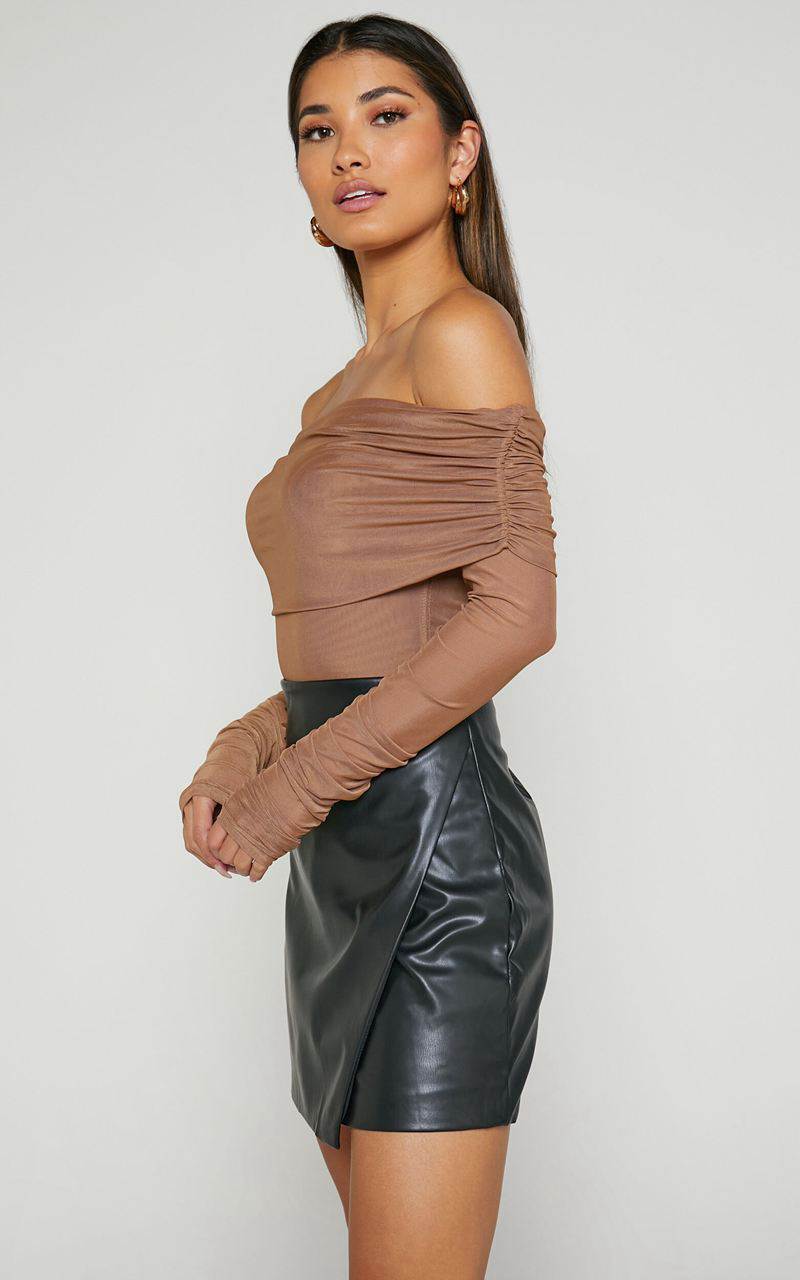 Showpo Jaythen Bodysuit - Long Sleeve Off Shoulder Ruched Mesh Bodysuit Mocha | VZYIOG057