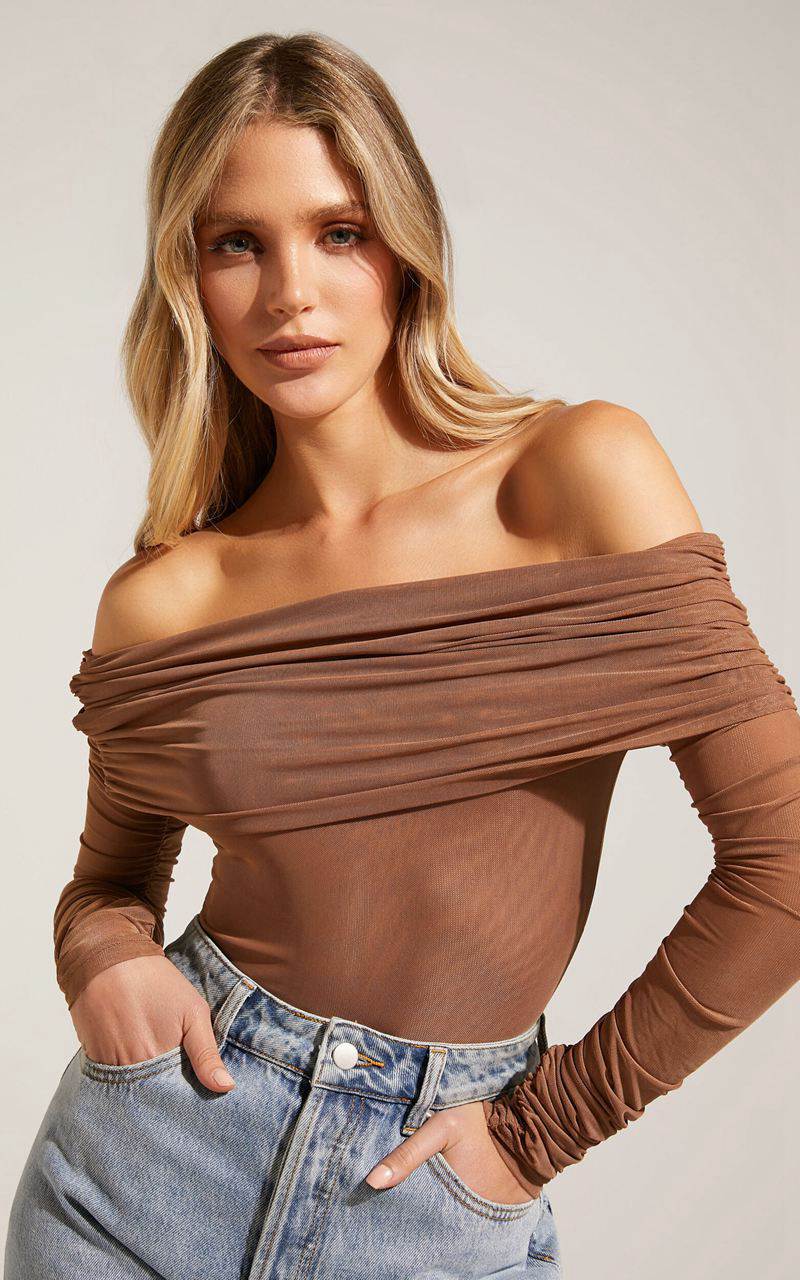 Showpo Jaythen Bodysuit - Long Sleeve Off Shoulder Ruched Mesh Bodysuit Mocha | VZYIOG057