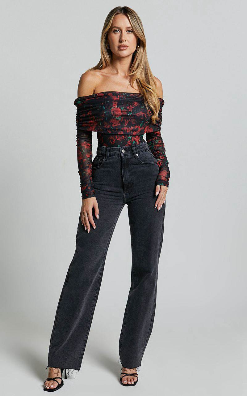 Showpo Jaythen Bodysuit - Long Sleeve Off Shoulder Ruched Mesh Bodysuit Red Rose | XQTWSF630