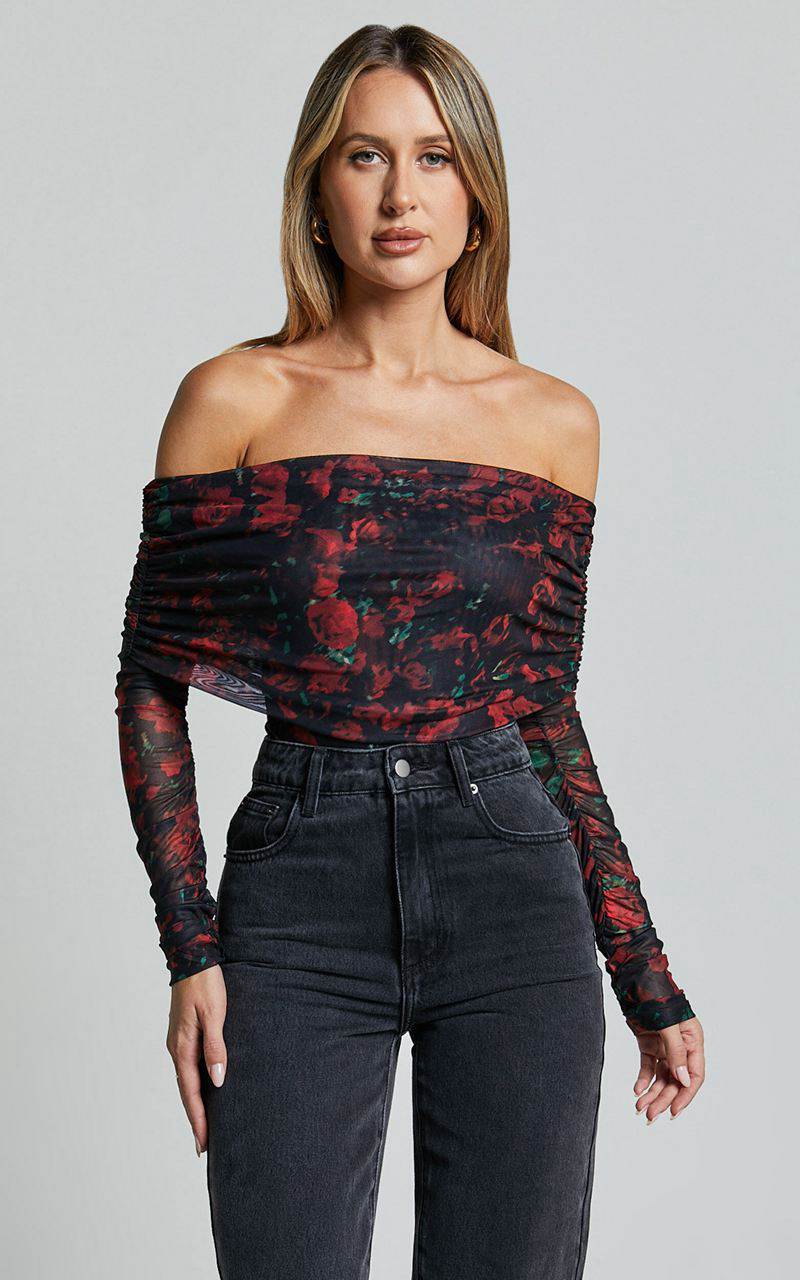 Showpo Jaythen Bodysuit - Long Sleeve Off Shoulder Ruched Mesh Bodysuit Red Rose | XQTWSF630