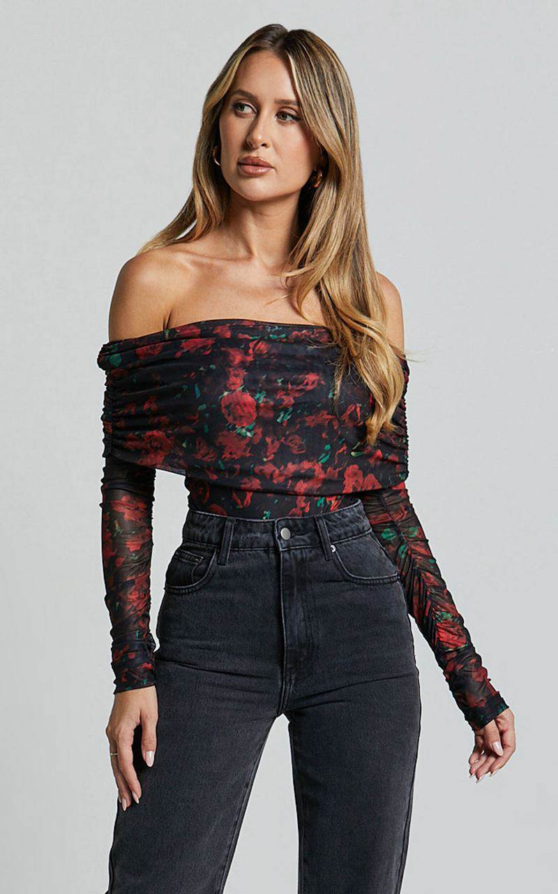 Showpo Jaythen Bodysuit - Long Sleeve Off Shoulder Ruched Mesh Bodysuit Red Rose | XQTWSF630