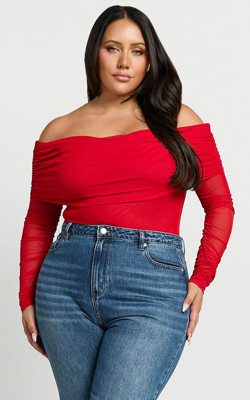 Showpo Jaythen Bodysuit - Long Sleeve Off Shoulder Ruched Mesh Bodysuit Red | XONLHP186