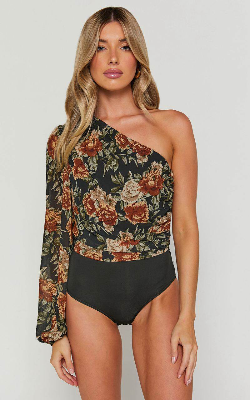 Showpo Jaziel Bodysuit - One Shoulder Ruched Bodysuit Black Floral | DPMLTS281