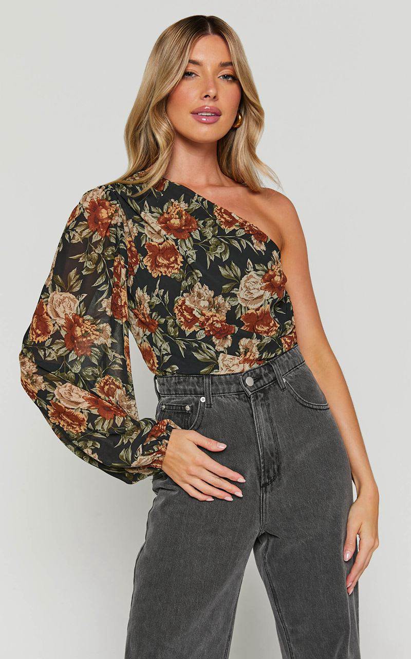 Showpo Jaziel Bodysuit - One Shoulder Ruched Bodysuit Black Floral | DPMLTS281