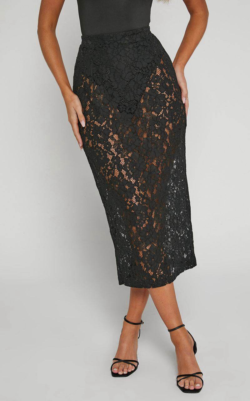 Showpo Jazmin Midi Skirt - Lace Skirt Black | QNBEOU642