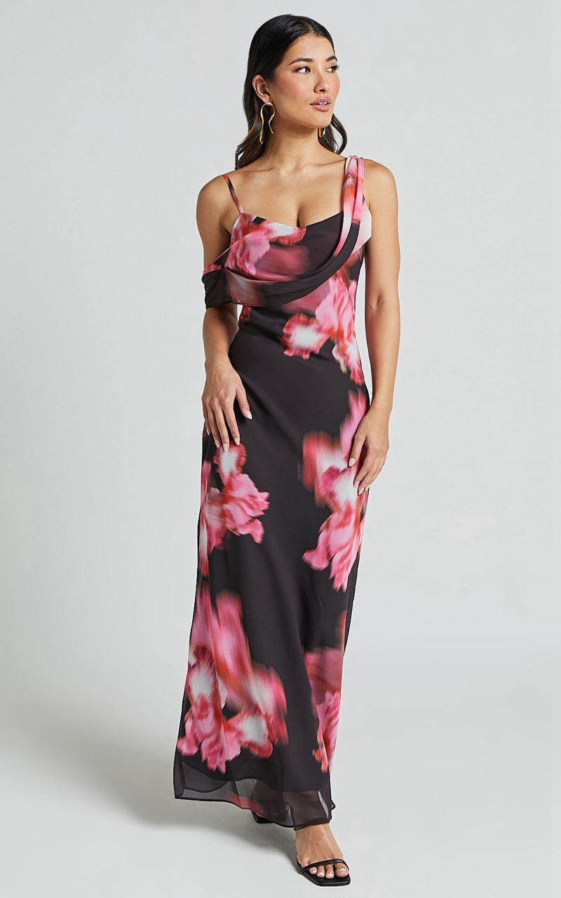 Showpo Jeanie Maxi Dress - Cowl Neck One Shoulder Slip Dress Daze Print | CQVTXA980