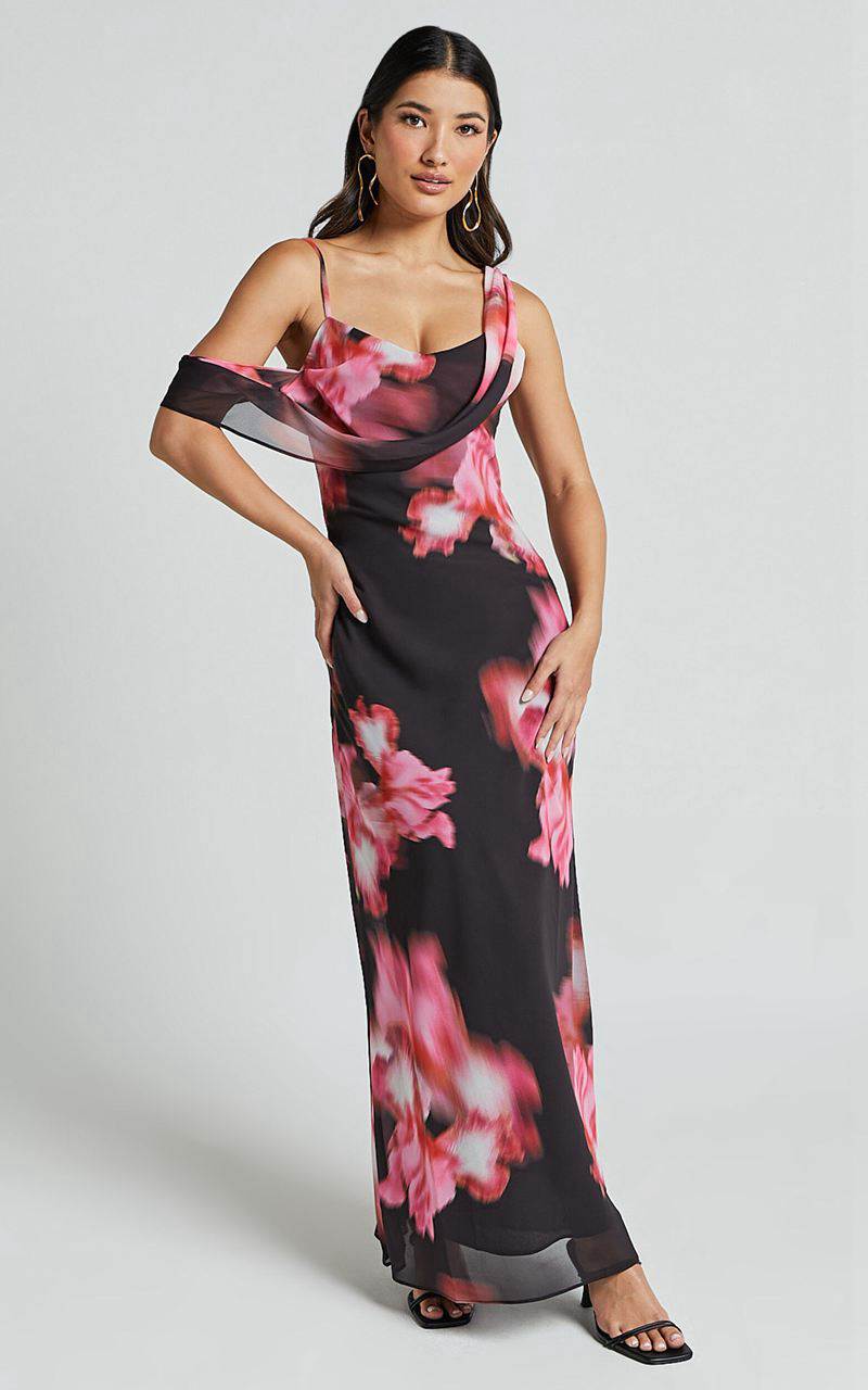 Showpo Jeanie Maxi Dress - Cowl Neck One Shoulder Slip Dress Daze Print | CQVTXA980