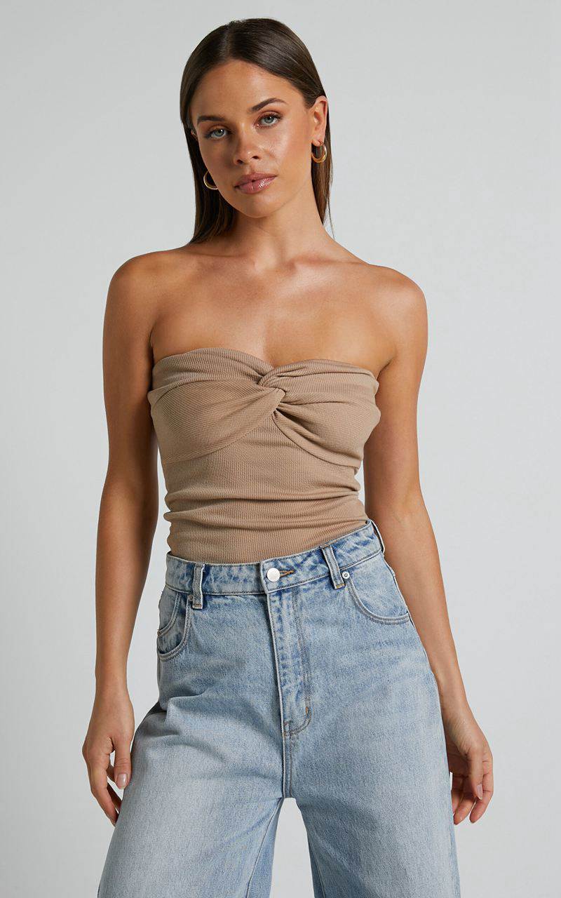 Showpo Jelena Top - Jersey Strapless Twist Front Top Tan | QDCGAR938