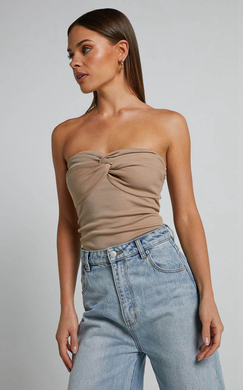 Showpo Jelena Top - Jersey Strapless Twist Front Top Tan | QDCGAR938