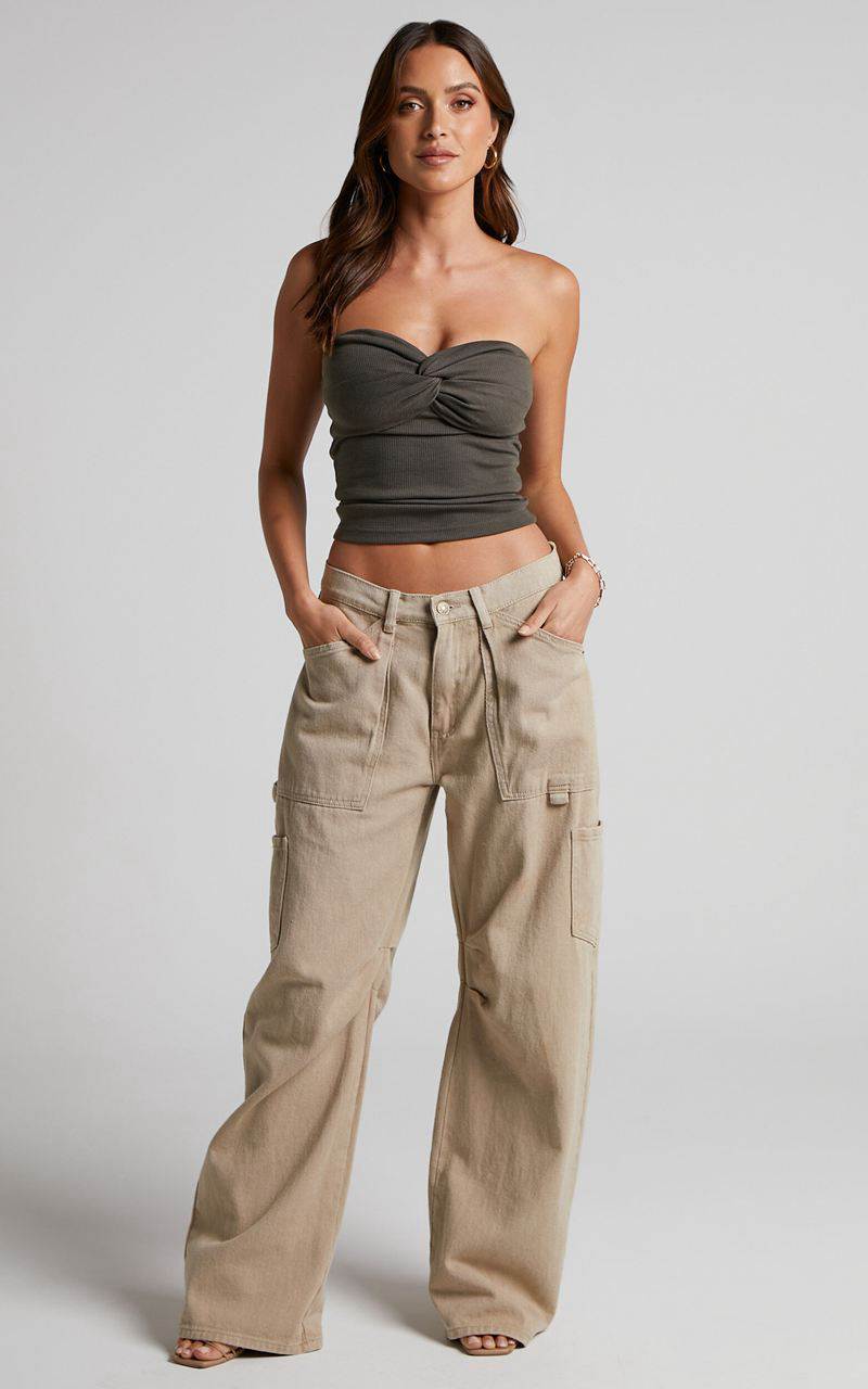 Showpo Jelena Top - Jersey Strapless Twist Front Top Dark Olive | TQSHXM287