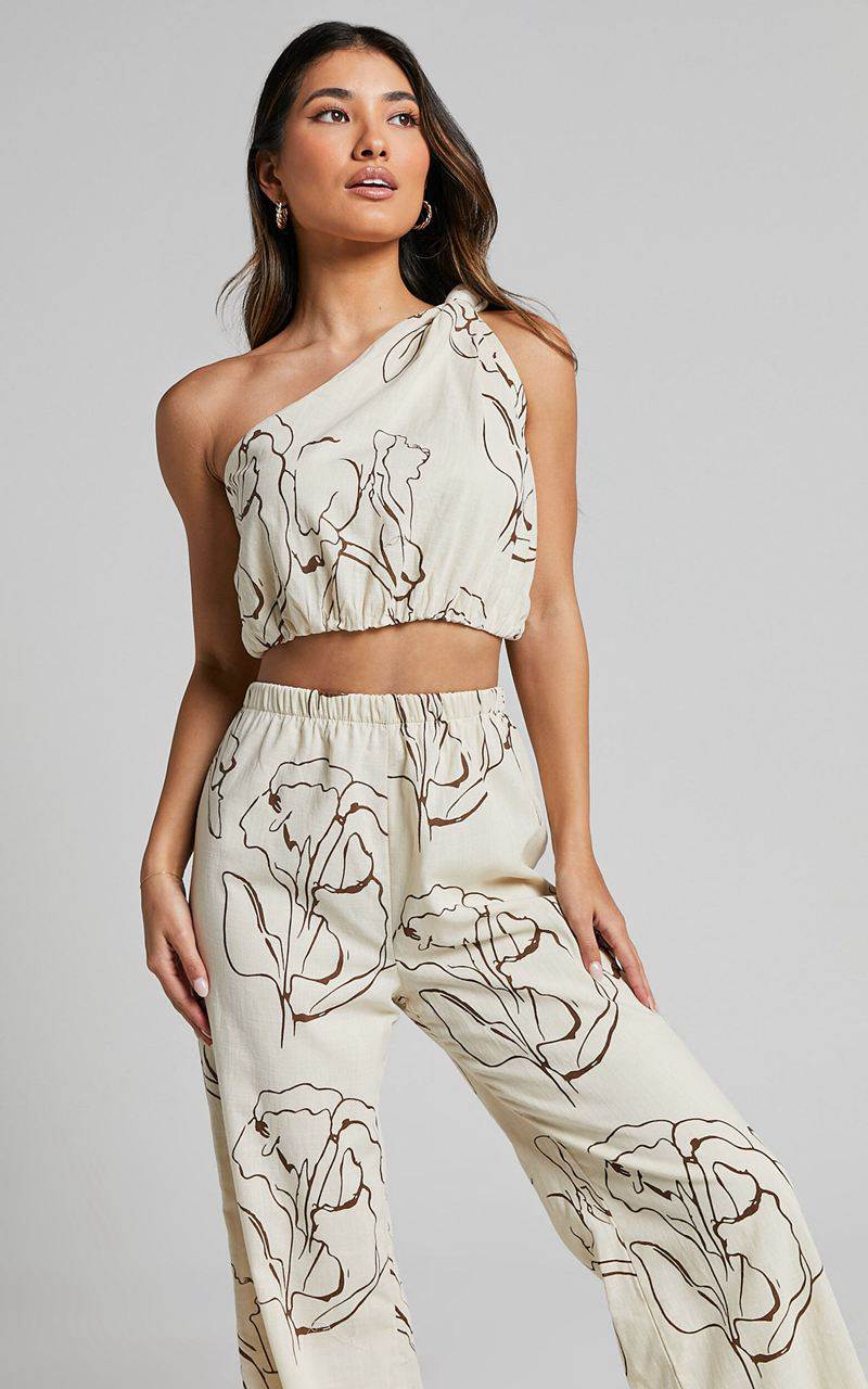 Showpo Jemima Two Piece Set - Linen Look One Shoulder Crop And Pants Set Rust Floral | UPBIVJ786