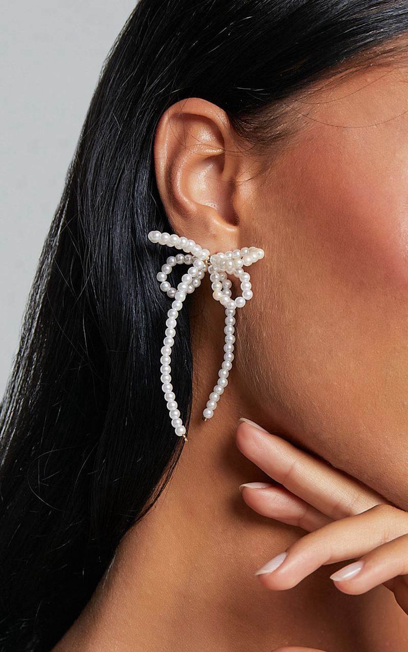 Showpo Jenny Earrings - Ribbon Pearl Statement Earrings White | DBXJLH671