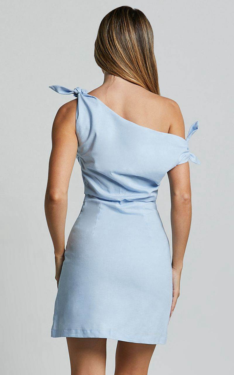 Showpo Jeofina Mini Dress - Off The Shoulder Linen Look Dress Pale Blue | OMEBJR592