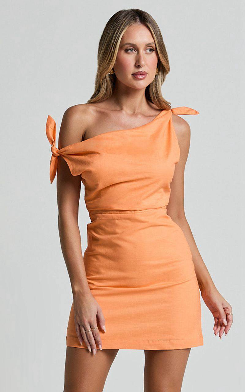 Showpo Jeofina Mini Dress - Off The Shoulder Linen Look Dress Orange | RHSQDK067