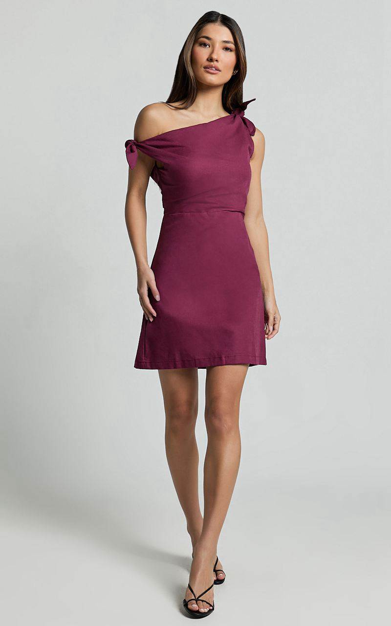 Showpo Jeofina Mini Dress - Off The Shoulder Linen Look Dress Merlot | MWDTOI276