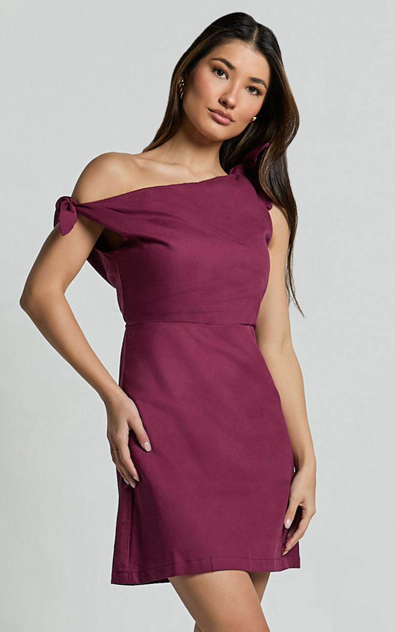 Showpo Jeofina Mini Dress - Off The Shoulder Linen Look Dress Merlot | MWDTOI276