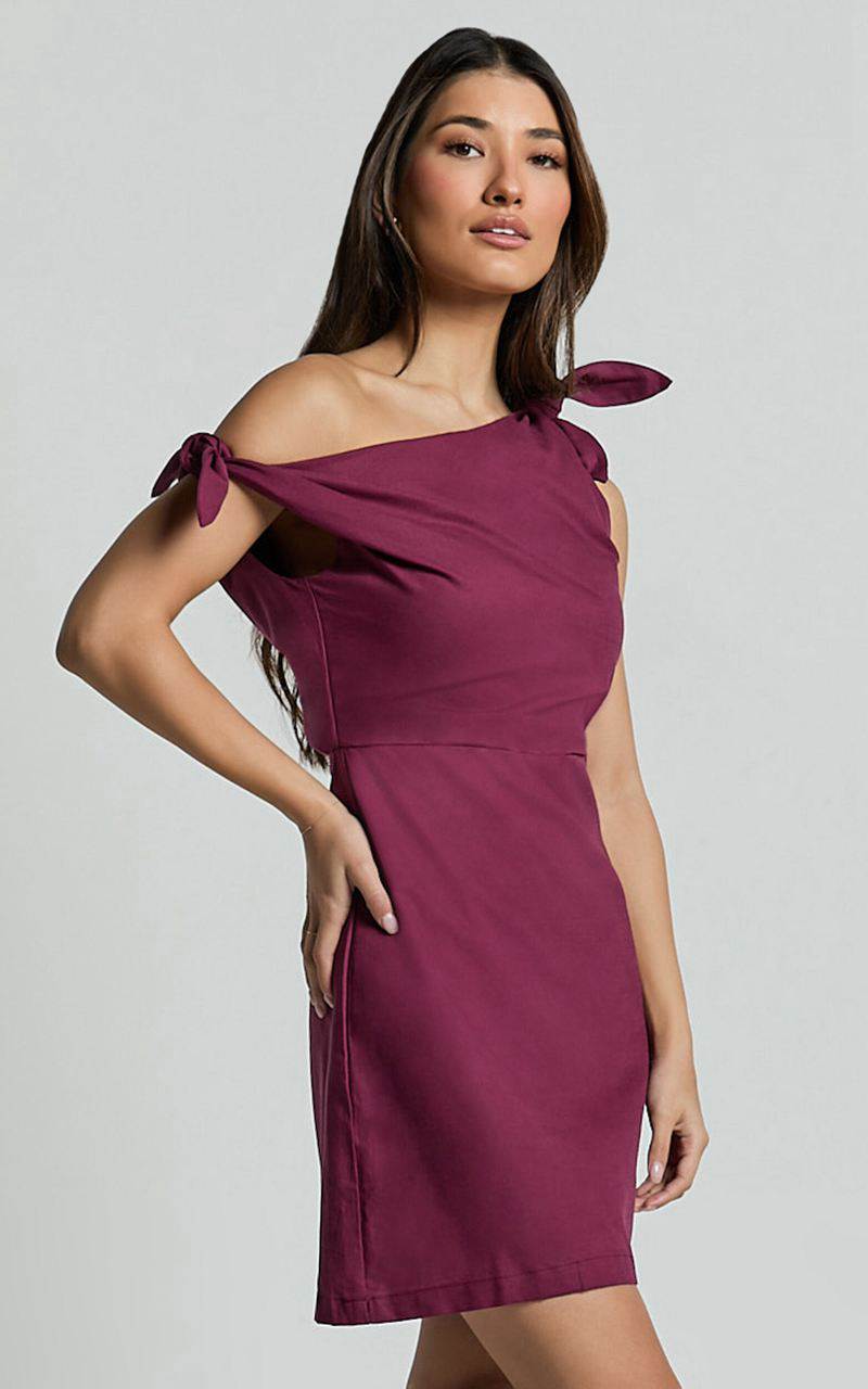 Showpo Jeofina Mini Dress - Off The Shoulder Linen Look Dress Merlot | MWDTOI276