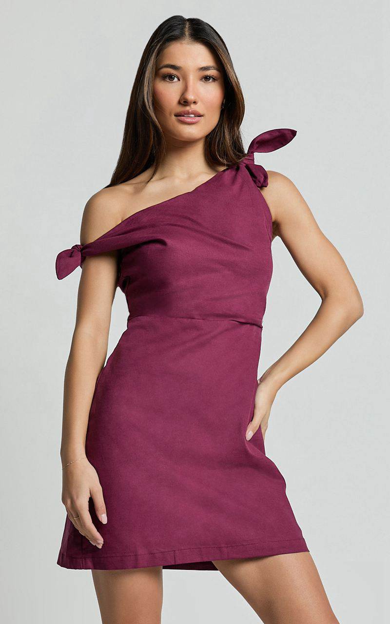 Showpo Jeofina Mini Dress - Off The Shoulder Linen Look Dress Merlot | MWDTOI276