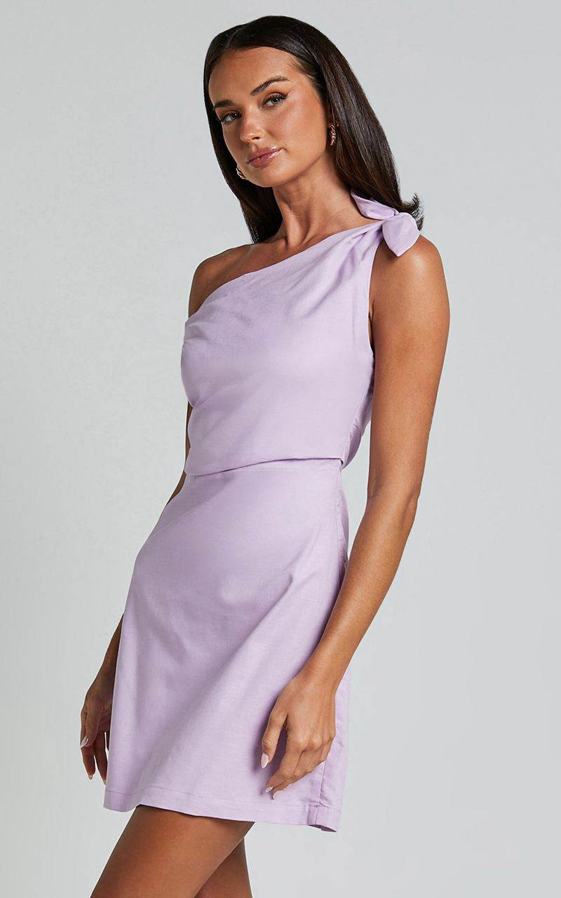 Showpo Jeofina Mini Dress - Off The Shoulder Linen Look Dress Lilac | BYWELQ716