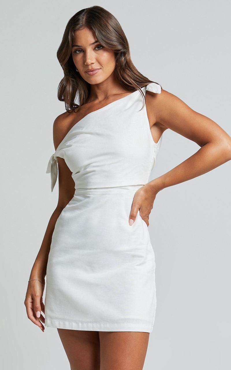 Showpo Jeofina Mini Dress - Off The Shoulder Linen Look Dress White | VMSZTD682