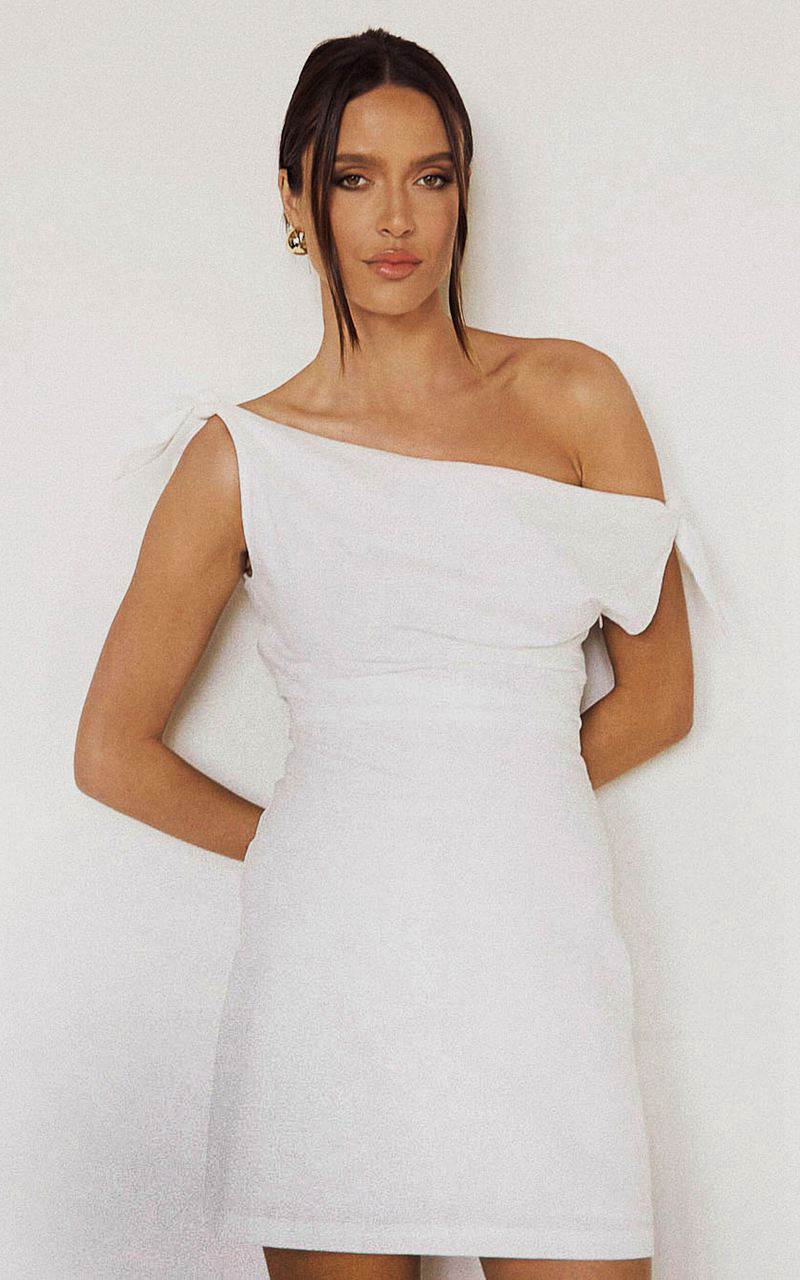 Showpo Jeofina Mini Dress - Off The Shoulder Linen Look Dress White | VMSZTD682