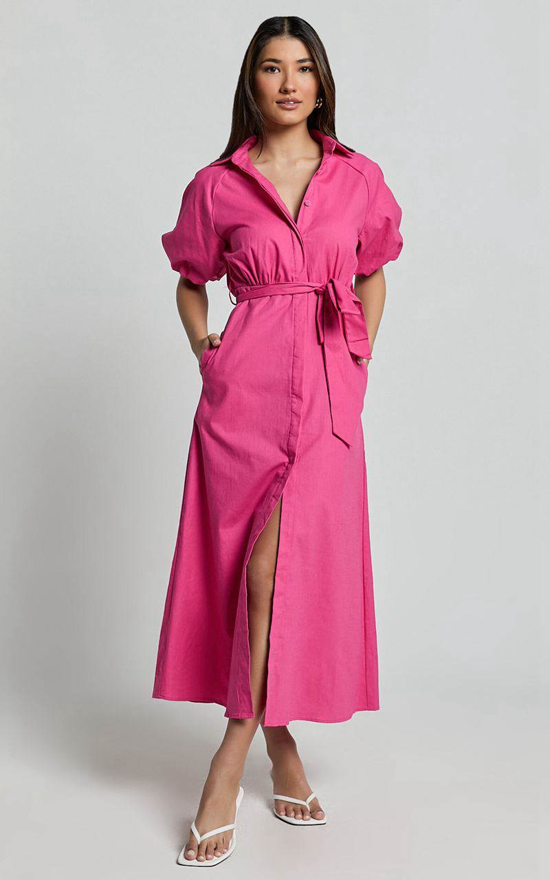 Showpo Jesse Midi Dress - Puff Sleeve Collared Shirt Dress Hot Pink | BYEJKS387