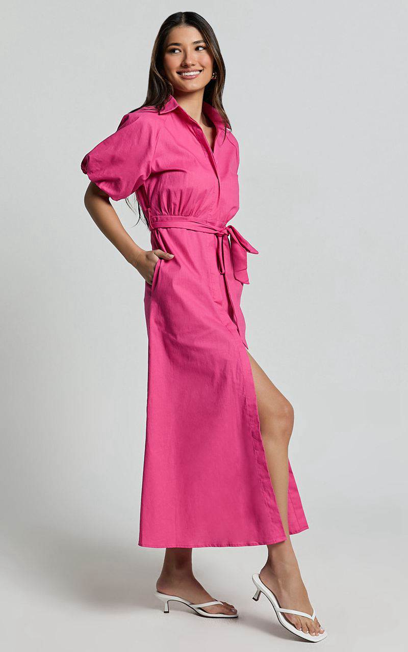 Showpo Jesse Midi Dress - Puff Sleeve Collared Shirt Dress Hot Pink | BYEJKS387