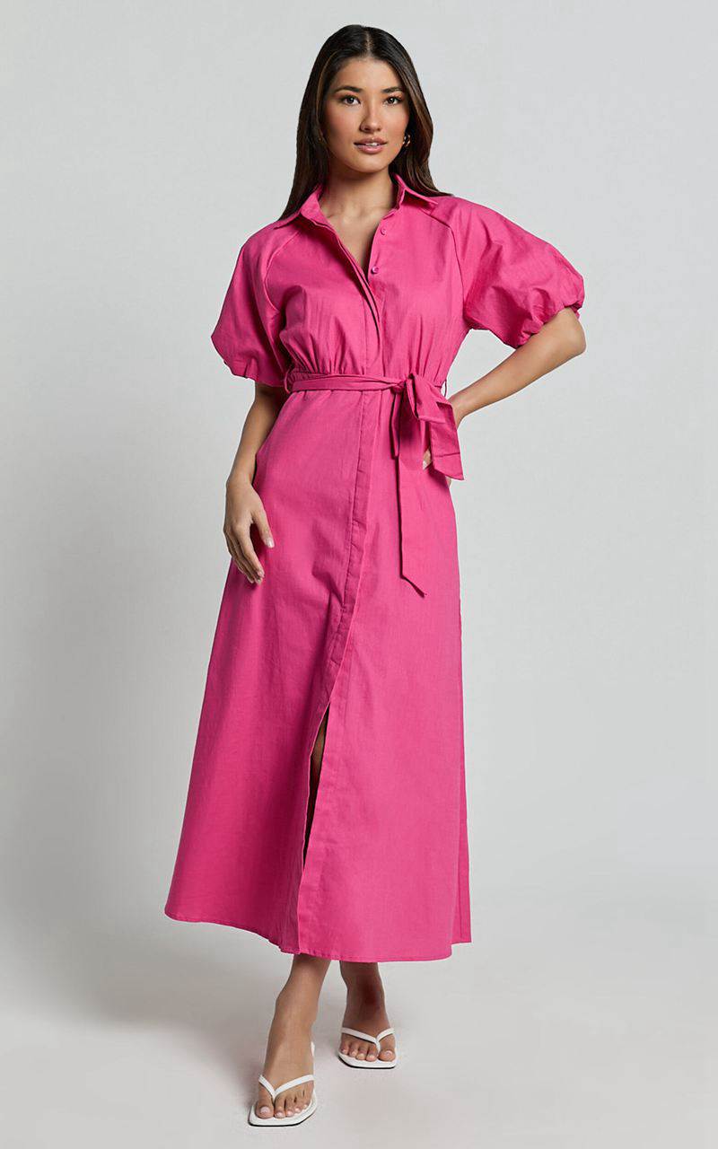 Showpo Jesse Midi Dress - Puff Sleeve Collared Shirt Dress Hot Pink | BYEJKS387