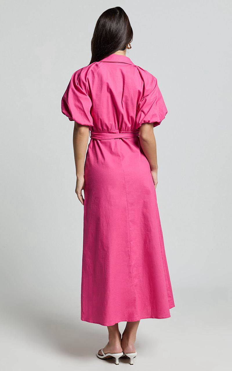 Showpo Jesse Midi Dress - Puff Sleeve Collared Shirt Dress Hot Pink | BYEJKS387