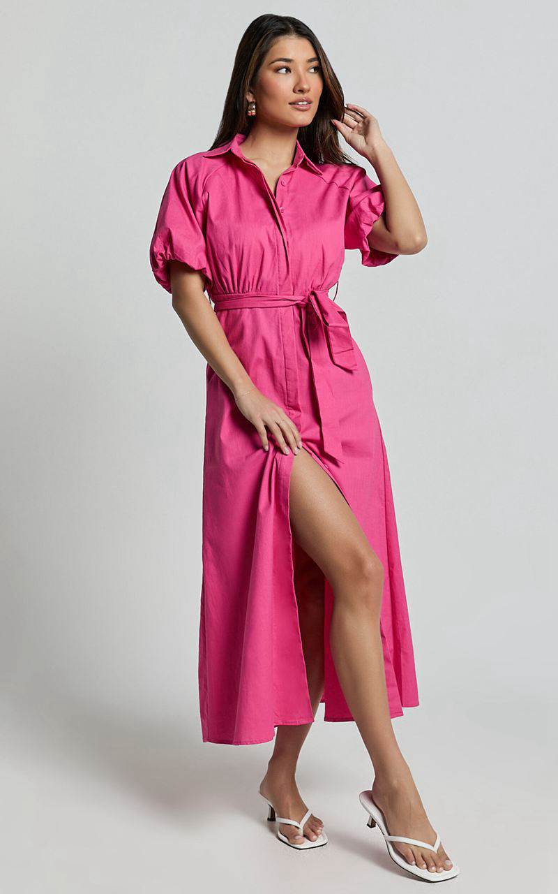 Showpo Jesse Midi Dress - Puff Sleeve Collared Shirt Dress Hot Pink | BYEJKS387