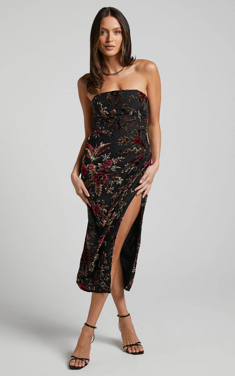 Showpo Jessell Midi Dress - High Split Strapless Dress Black Floral | WAVHSR387