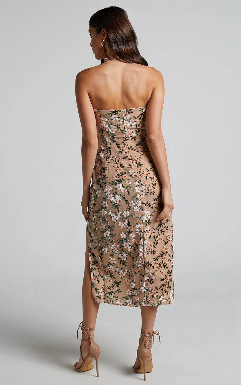 Showpo Jessell Midi Dress - High Split Strapless Dress Beige Floral | RUIODK541