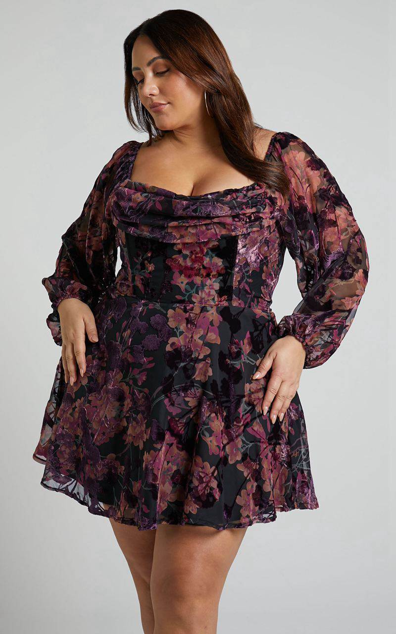 Showpo Jessell Mini Dress - Long Sleeve Cowl Corset Dress Burnt Out Floral | XHULWF045