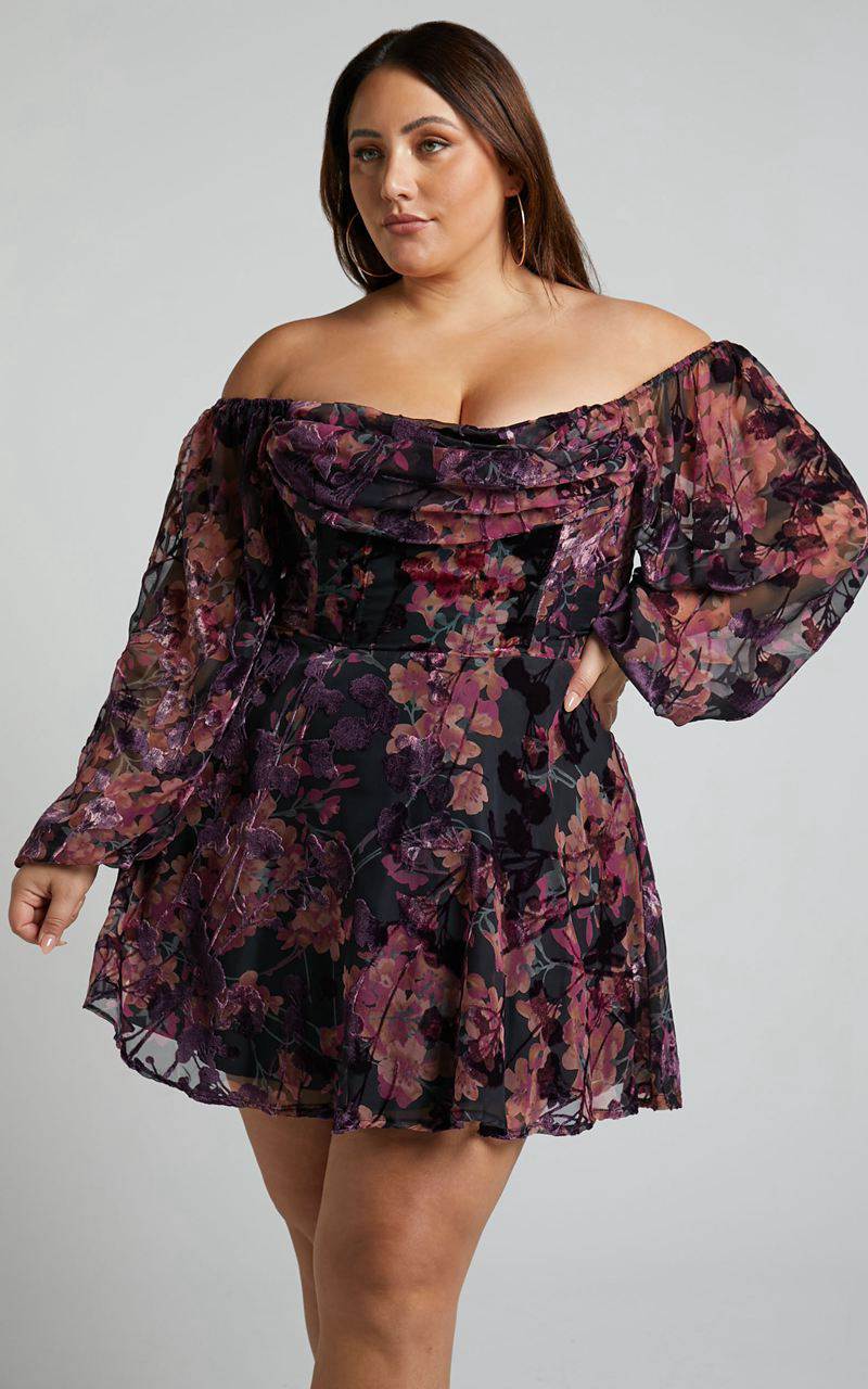 Showpo Jessell Mini Dress - Long Sleeve Cowl Corset Dress Burnt Out Floral | XHULWF045