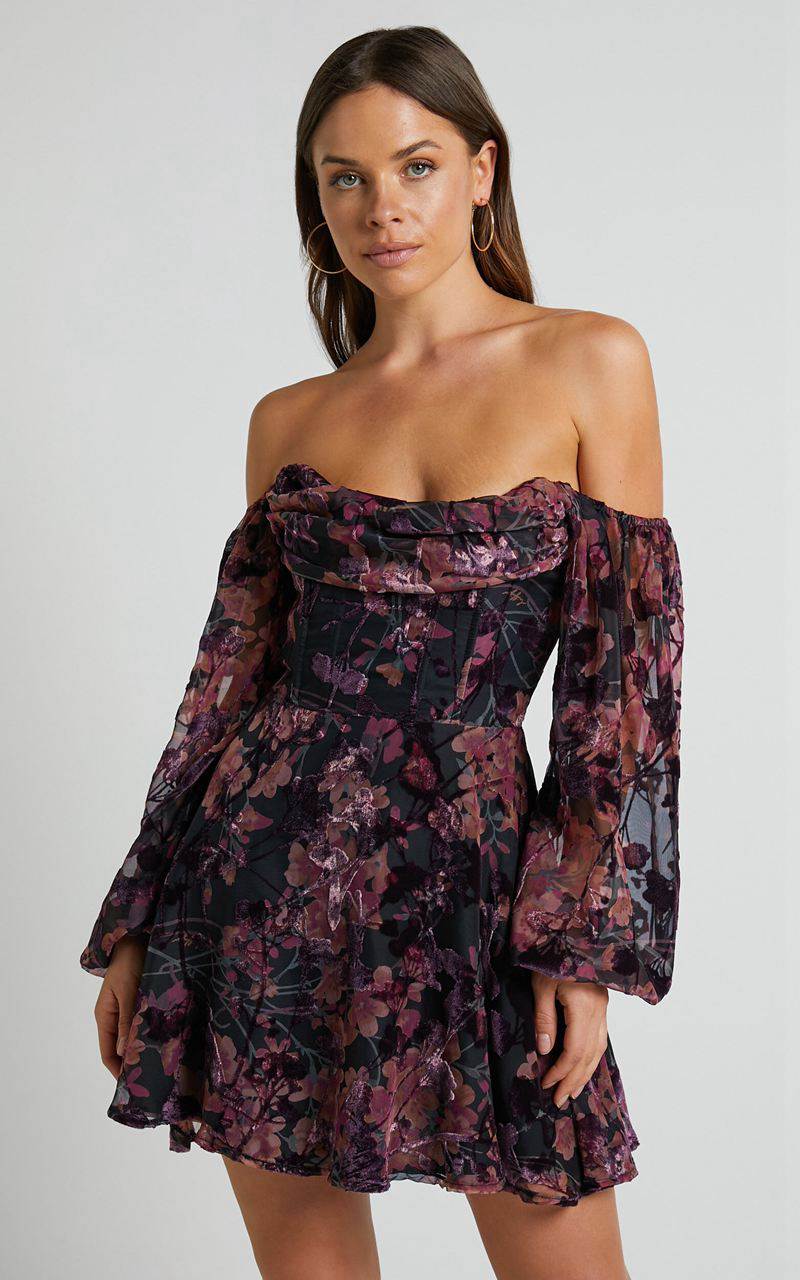 Showpo Jessell Mini Dress - Long Sleeve Cowl Corset Dress Burnt Out Floral | XHULWF045