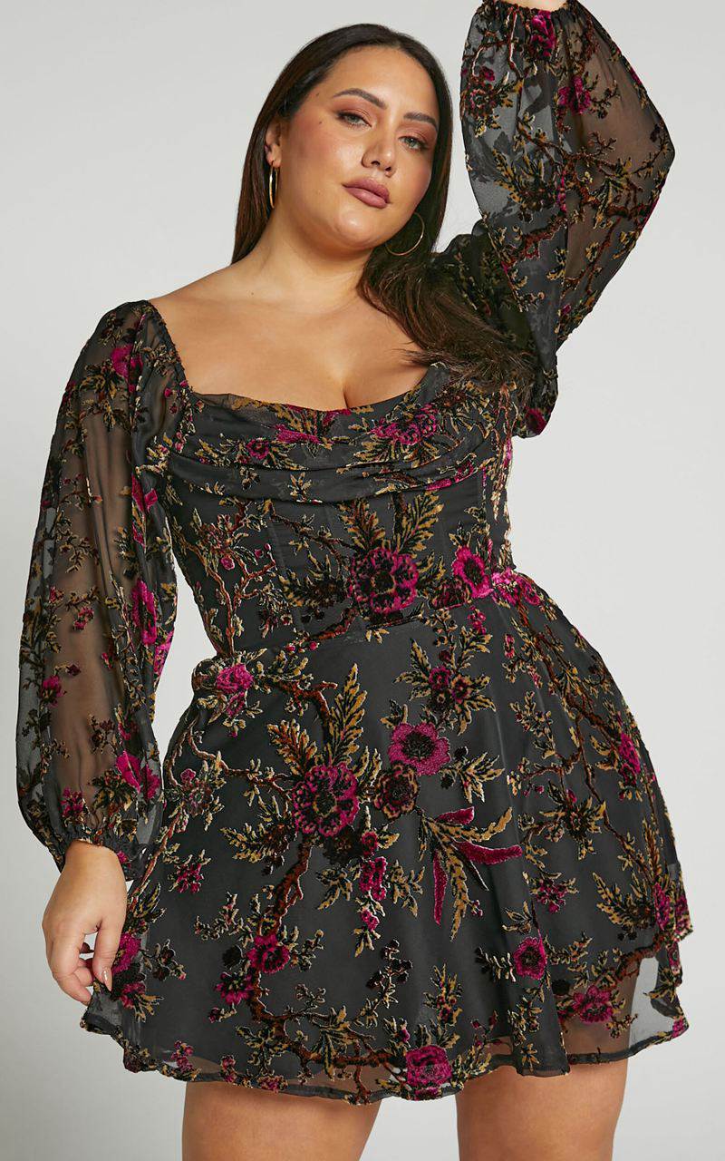 Showpo Jessell Mini Dress - Long Sleeve Cowl Corset Dress Black Floral | MAXYPI671