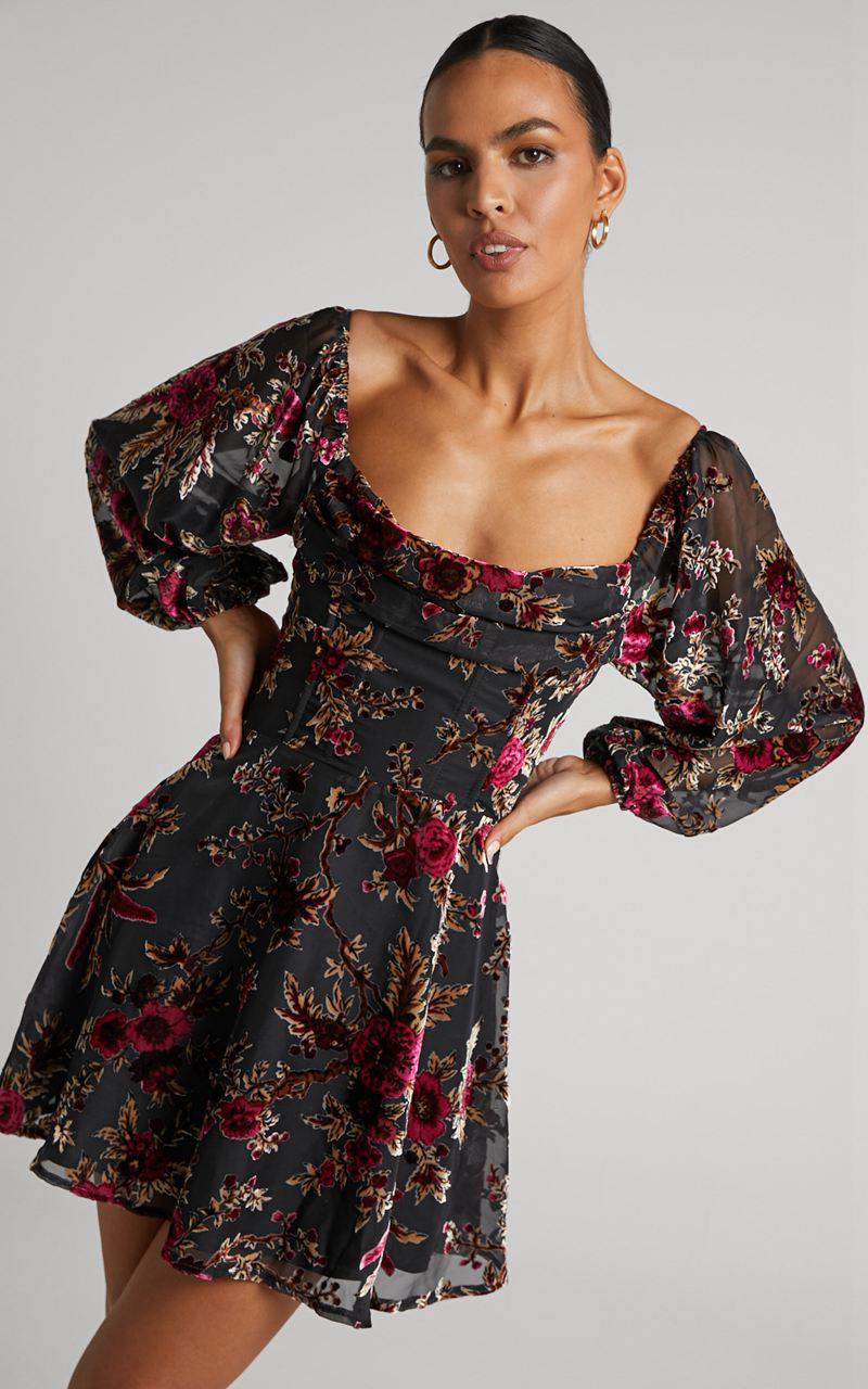 Showpo Jessell Mini Dress - Long Sleeve Cowl Corset Dress Black Floral | MAXYPI671