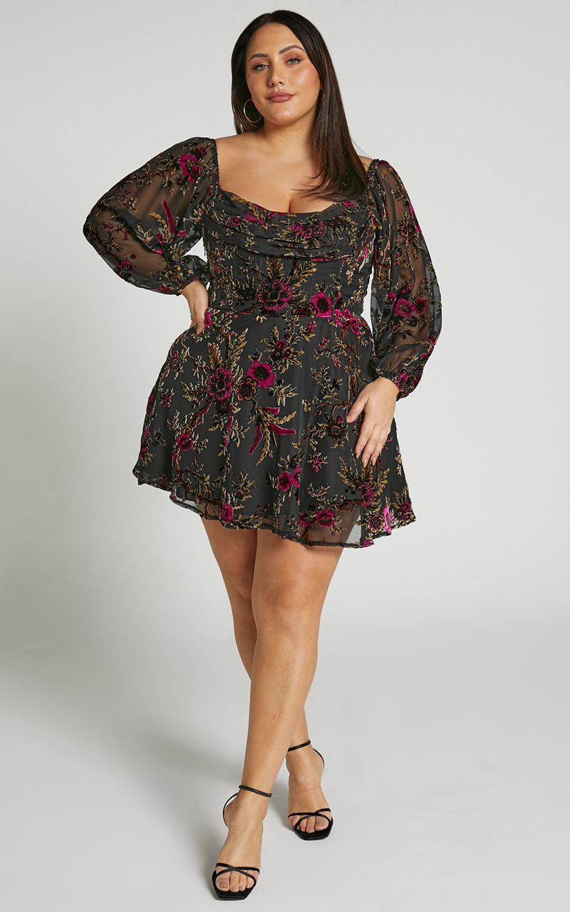 Showpo Jessell Mini Dress - Long Sleeve Cowl Corset Dress Black Floral | MAXYPI671