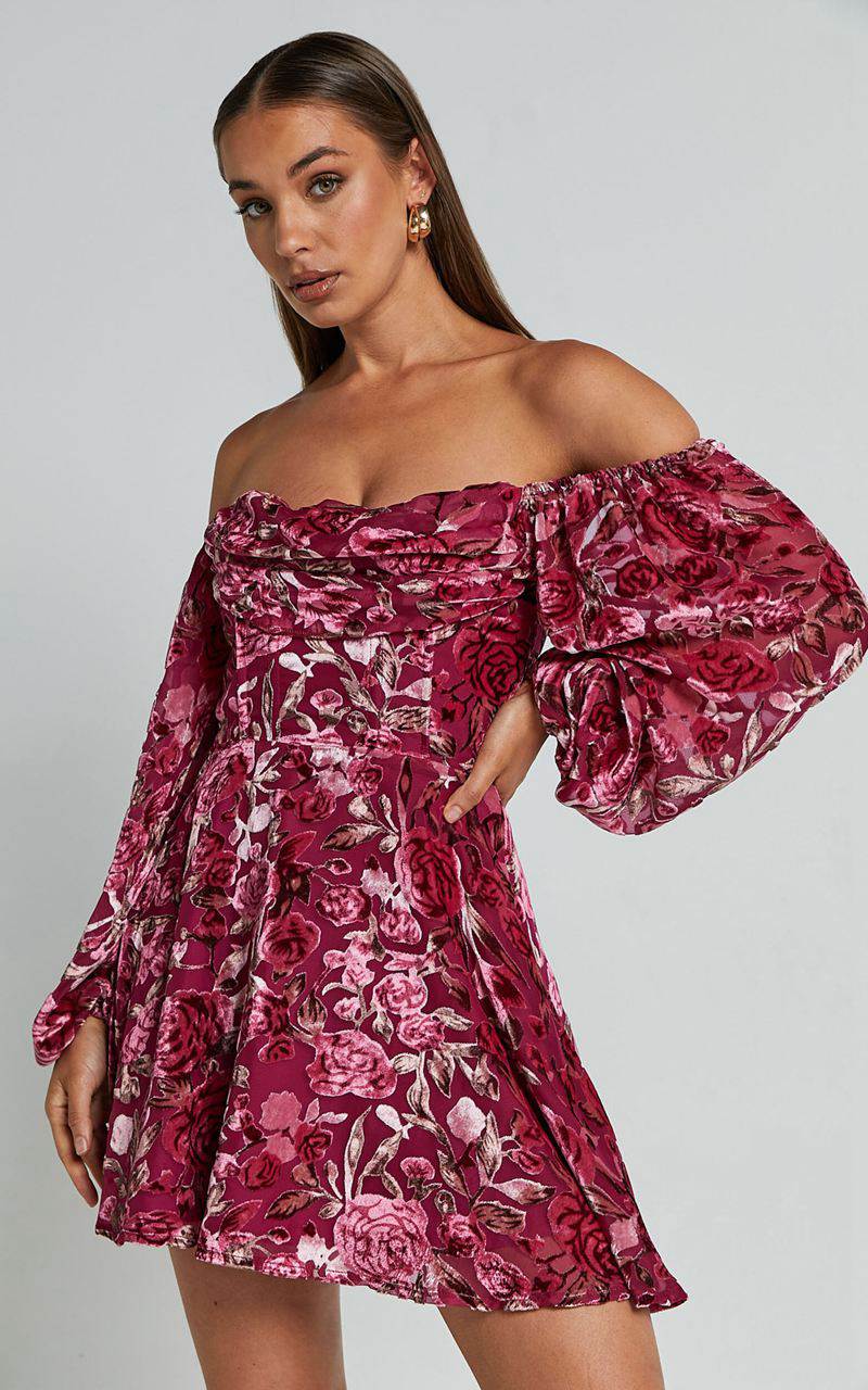 Showpo Jessell Mini Dress - Long Sleeve Cowl Corset Dress Pink Floral Burnout | XAKWFL147