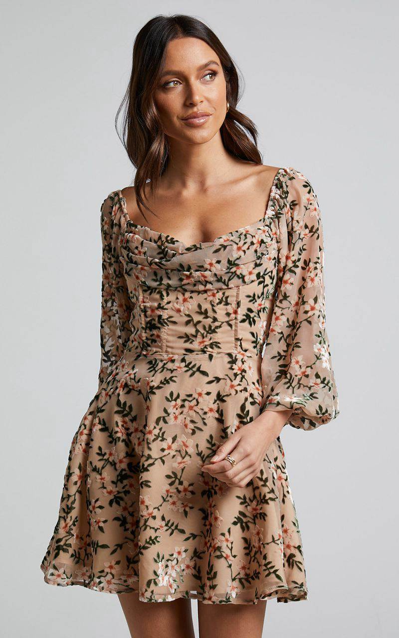 Showpo Jessell Mini Dress - Long Sleeve Cowl Corset Dress Beige Floral | FEVYJR425