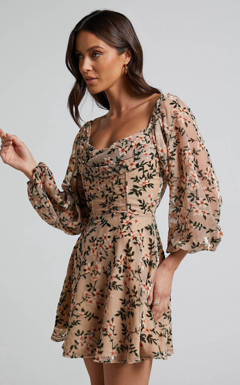 Showpo Jessell Mini Dress - Long Sleeve Cowl Corset Dress Beige Floral | FEVYJR425