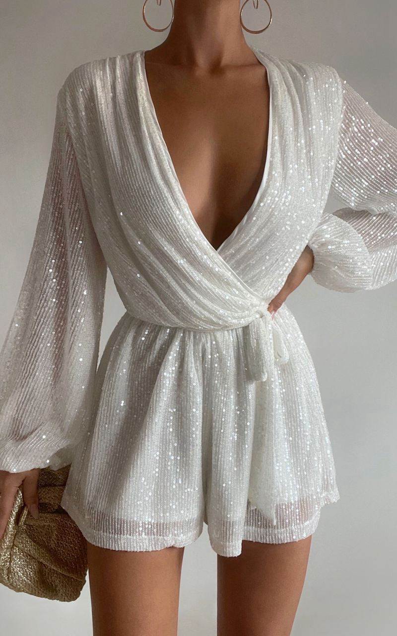 Showpo Jessen Playsuit - Tie Waist Balloon Sleeve Playsuit White Sequin | ANCTVB390