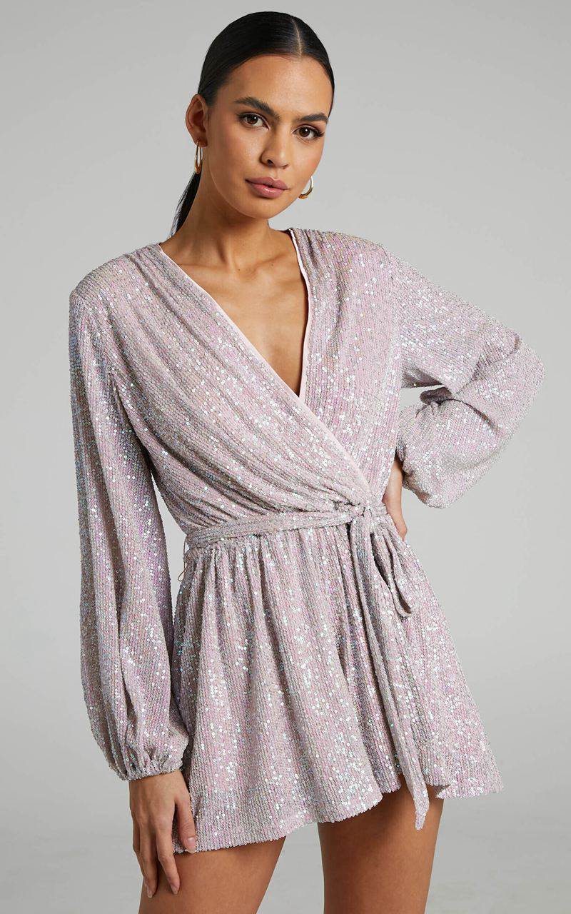 Showpo Jessen Playsuit - Tie Waist Balloon Sleeve Playsuit Blush Sequin | NRWFMO612